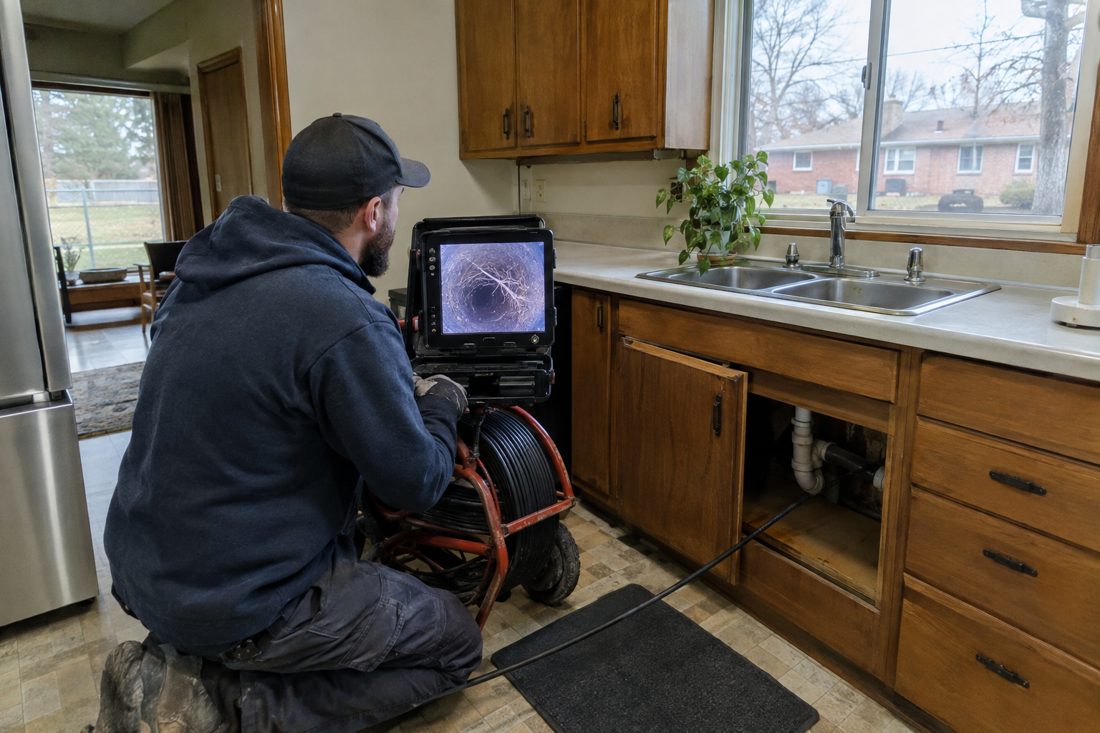 A plumber with a camera monitor showing tree roots in a sewer line at a mid-century ranch house in the Kettering area of Dayton, Ohio in Dayton, OH