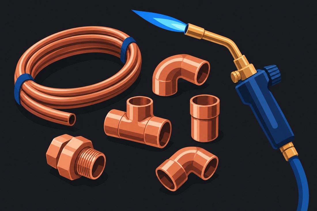 Illustration of a set of copper pipe fittings and a torch for a Dayton, OH home