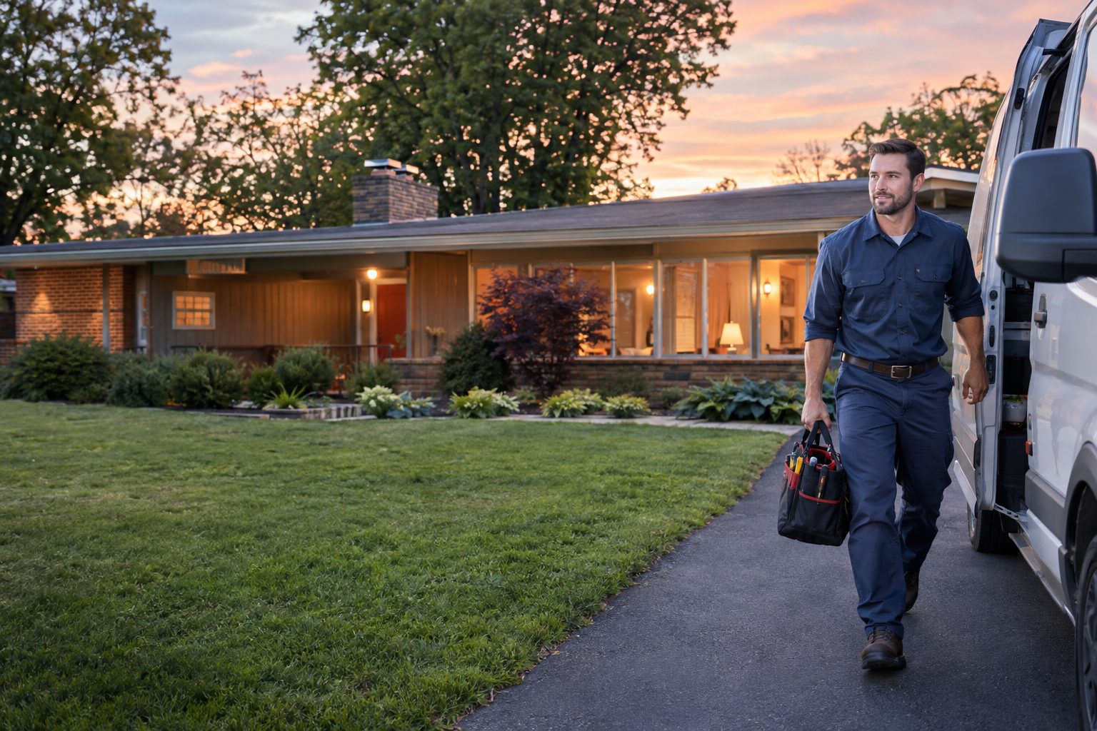 A plumber stepping out of a service van with a toolbag on a sunny morning at a mid-century ranch house in the Kettering area of Dayton, Ohio in Dayton, OH