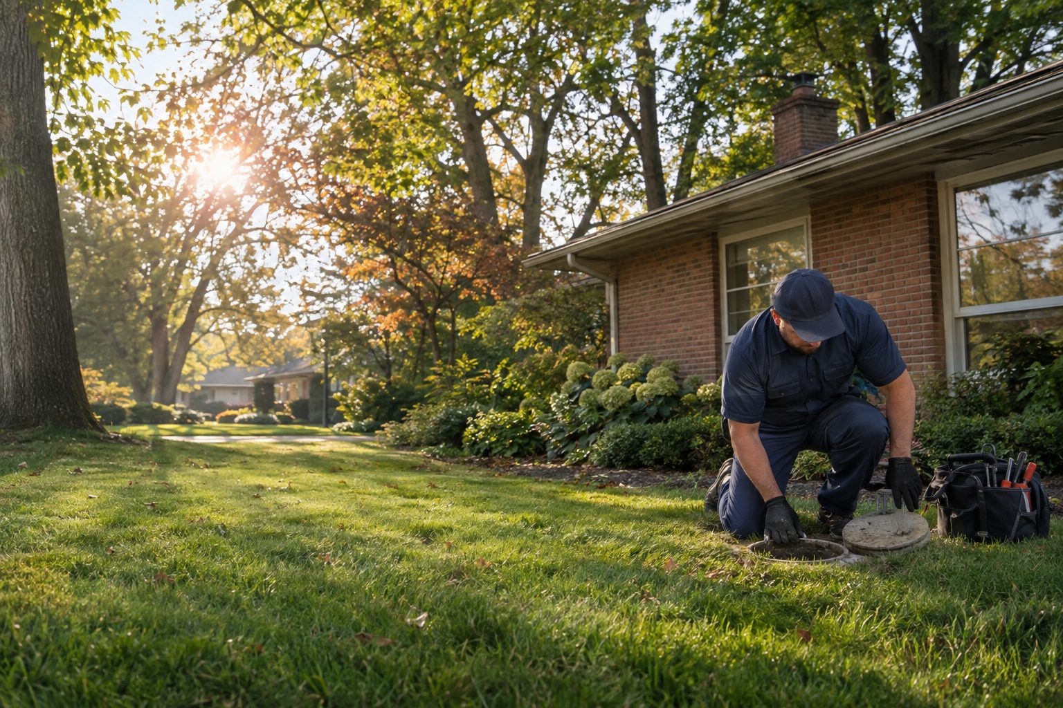 A licensed plumber checks an outdoor sewer cleanout beside a mid-century Oakwood brick home, with mature trees in the yard in Oakwood, OH