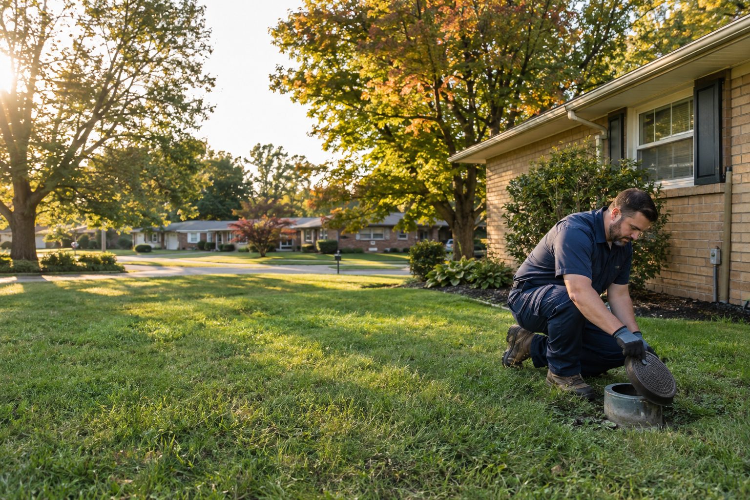 A licensed plumber checks an exterior sewer cleanout beside a modest West Carrollton ranch after a homeowner reports recurring backups in West Carrollton, OH